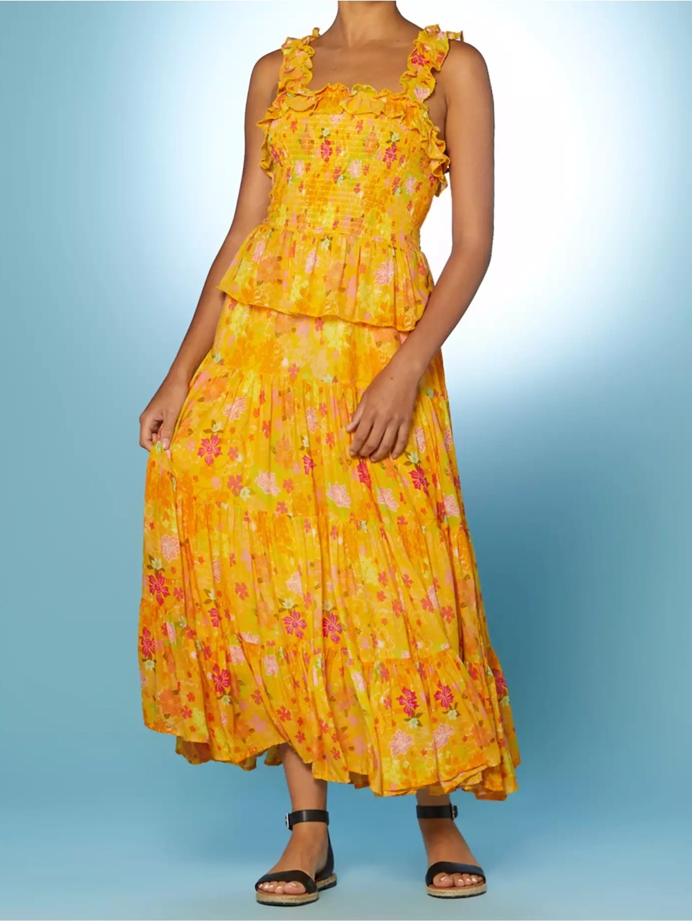 Disney Yellow Floral Tiered Sundress with Pink Accents- has pockets!